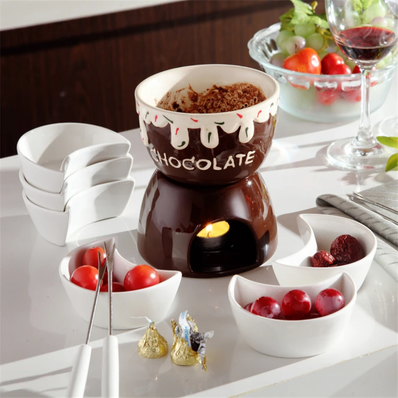 Coffee Ice Cream Pot Cute Design Chocolate Fondue Set Cheese Hot Pot Ceramic Fruit Ice Cream Cup Bowl Furnace Party Cooking Ware