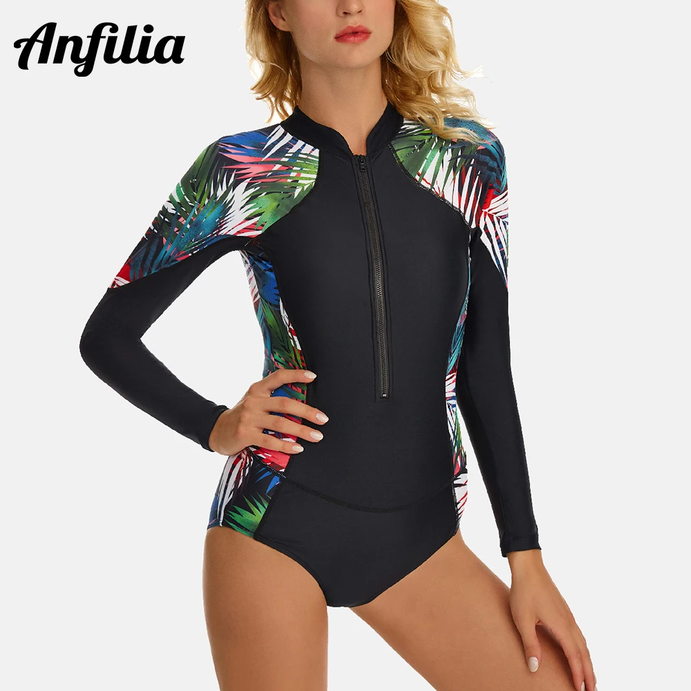 Anfilia Women One Piece Rash Guard Long Sleeve Zipper Side Printed