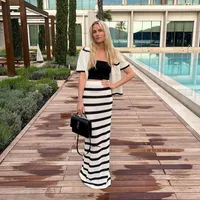 Ladies Summer Striped Knitted Beach Long Skirt Suits Women Sets Slim Bohemian Outfits Holiday Two Piece Set Beachwear Female - Image 2