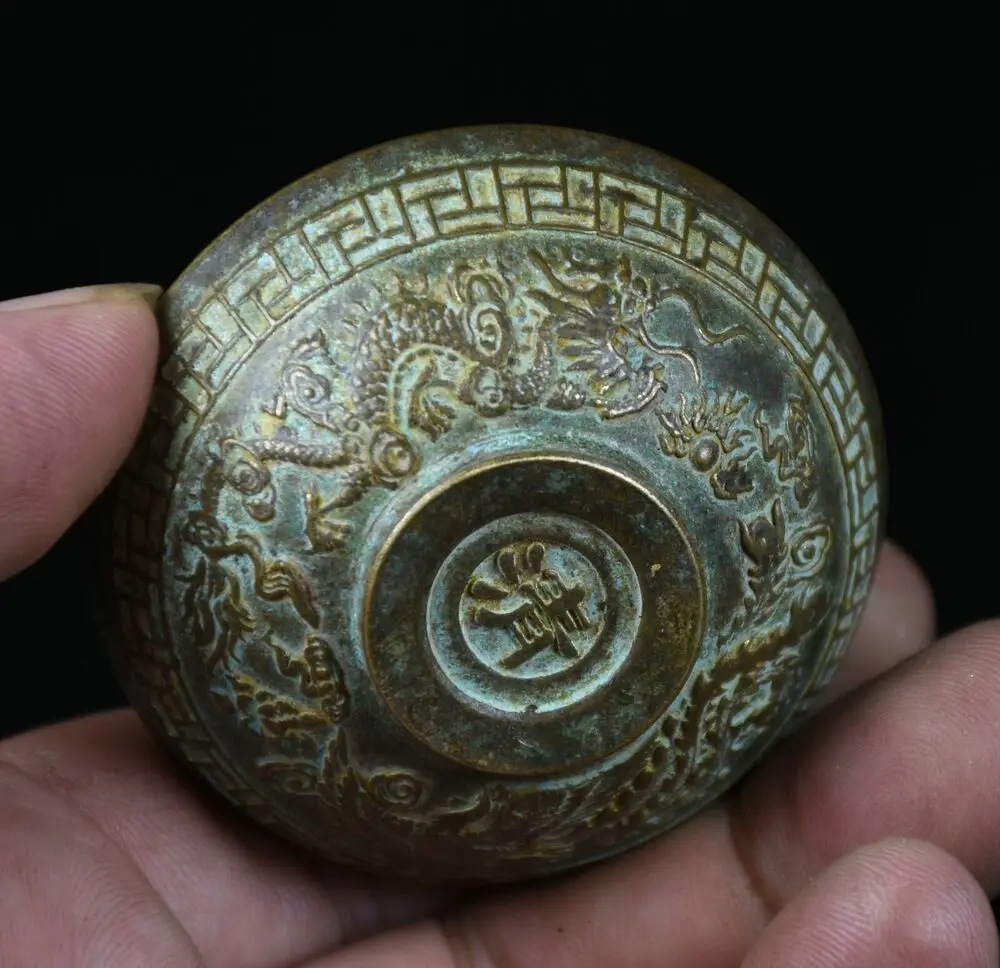 

6CM Marked Old Chinese Bronze Dynasty Palace Dragon Phoenix Small Bowl