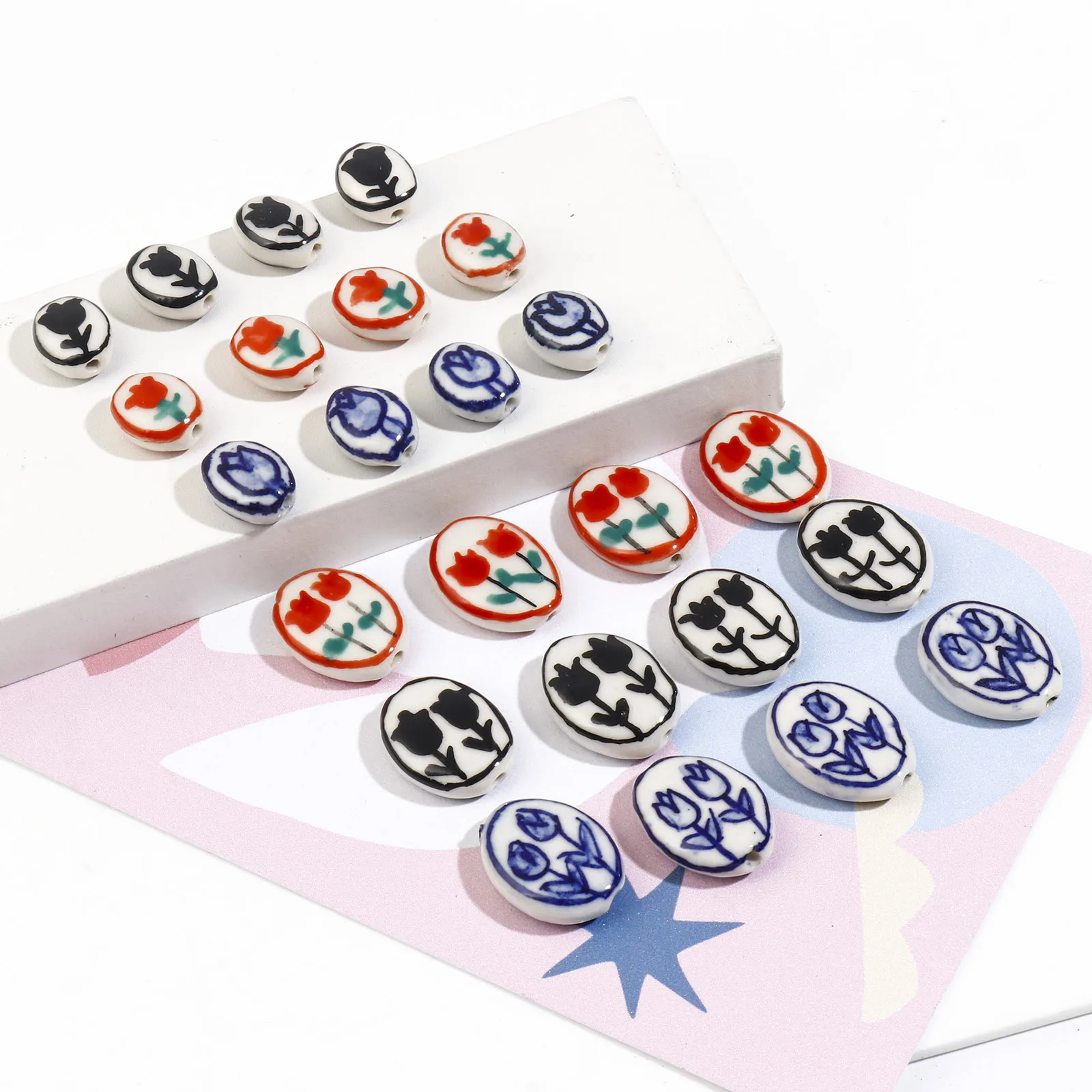 Ceramic Tulip Flower Pattern Multicolor Bead Set
