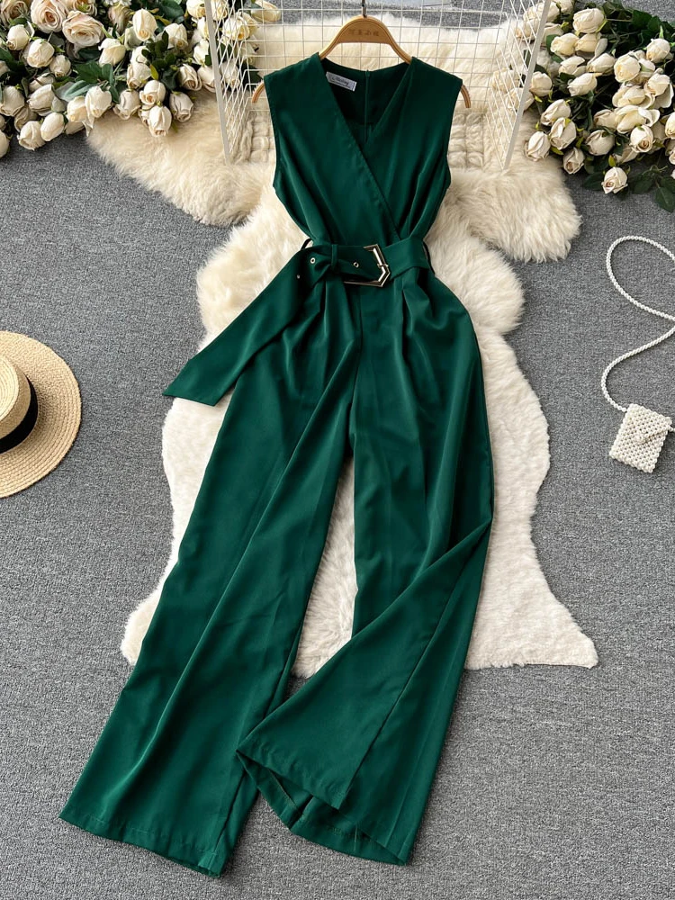 Summer Vintage V-Neck Wide Leg Jumpsuits Women Elegant Red