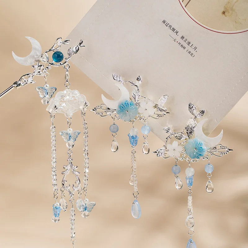 Retro Hanfu Hair Clip Blue Bead Butterfly Tassel Hair Stick  display picture 3