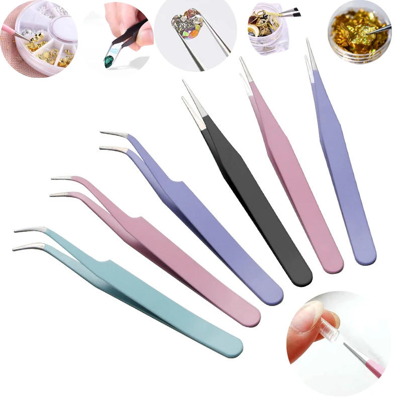 

Stainless Steel Straight Curved Colored Tweezers for Nail Art Sticker Rhinestones Picking Tool Makeup Eyelash DIY Tweezer Tool