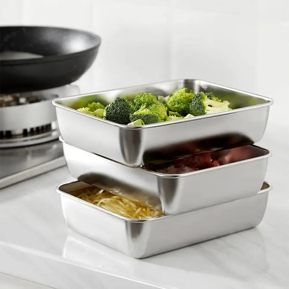 

Stainless Steel Preservation Boxes Rectangle Food Storage Tray With Plastic Cover Kitchen Organizers