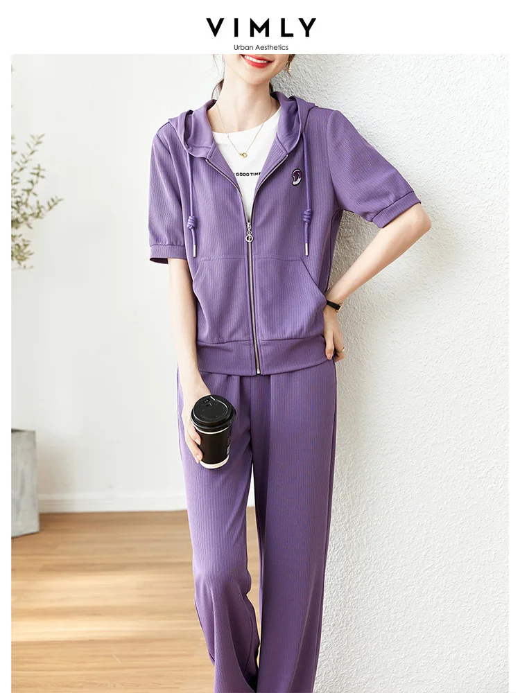 VIMLY Women's Summer Purple Tracksuit 2023 Short Sleeve Zipper Hoodies Wide Leg Sweat Pants Two Piece Sets for Women Outfits lover tracksuit hoodies printing queen king couple sweatshirt plus size hooded clothes hoodies women two piece set