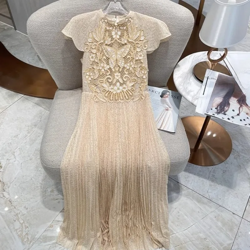 

Роскошное дизайнерское кружевное плиссированное платье для женщин, летнее праздничное облегающее платье с вышивкой бабочки, вечерняя женская одежда