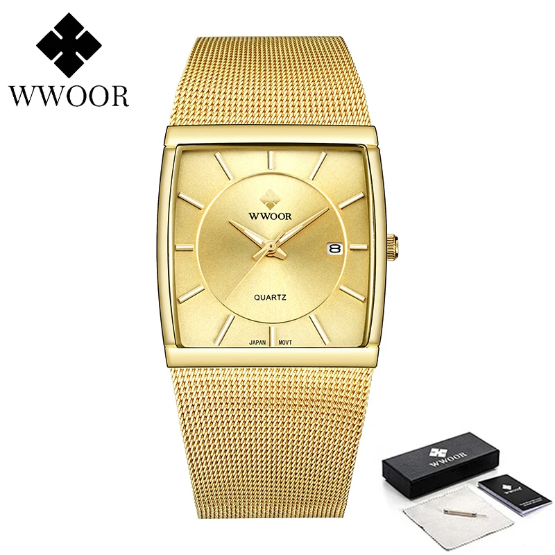 WWOOR Brand Luxury Gold Ultra Thin Quartz Watches For Men Fashion Square Mens Watch Steel Mesh Band Waterproof Date Wrist Watch