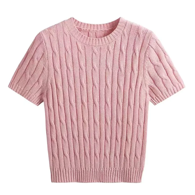 

Vintage women's embroidered knitted top, crew neck smooth short-sleeved shirt, stylish styling, new women's summer 2024
