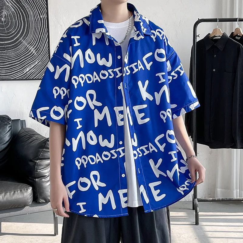 

Рубашка мужская с принтом граффити и надписью, гавайская пляжная Сорочка свободного покроя с коротким рукавом, топ с отложным воротником, лето 8XL