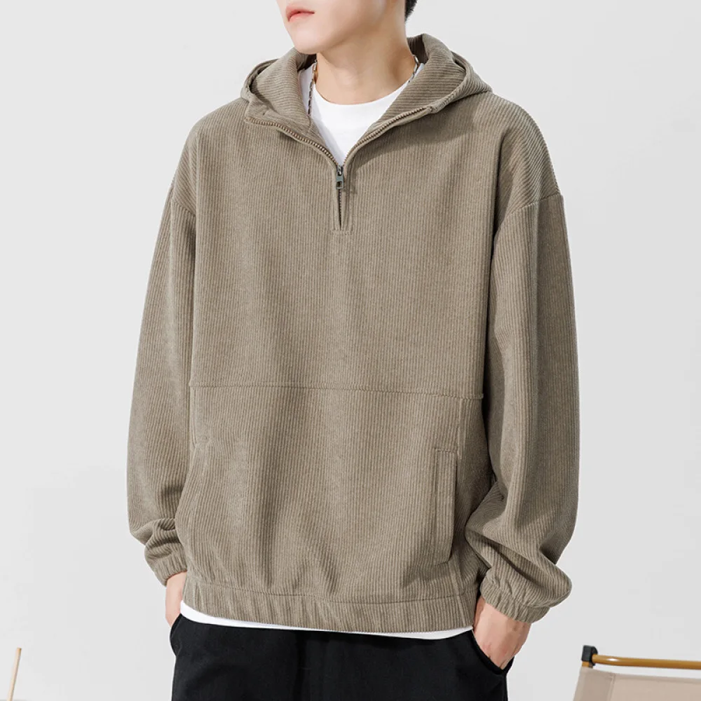 

Heavyweight Japanese hoodie for men in autumn and winter, new loose solid color hoodie with half zippered jacket, popular for co