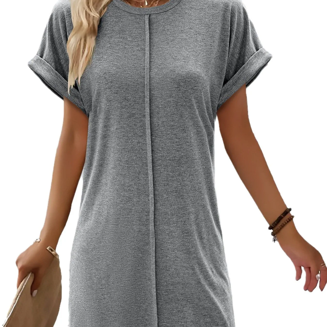 Women Solid Color Short Sleeve Mini Dress Summer Fashion