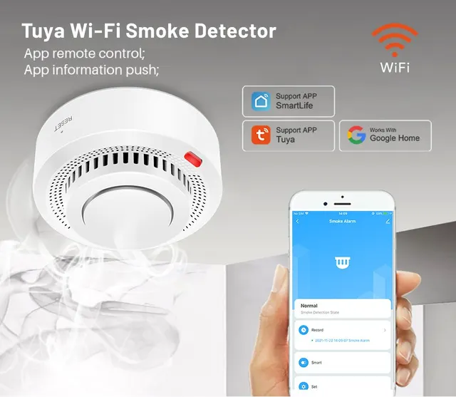 1pc Tuya Wifi Détecteur De Fumée Capteur 85db Alarme Sonore Fumoir