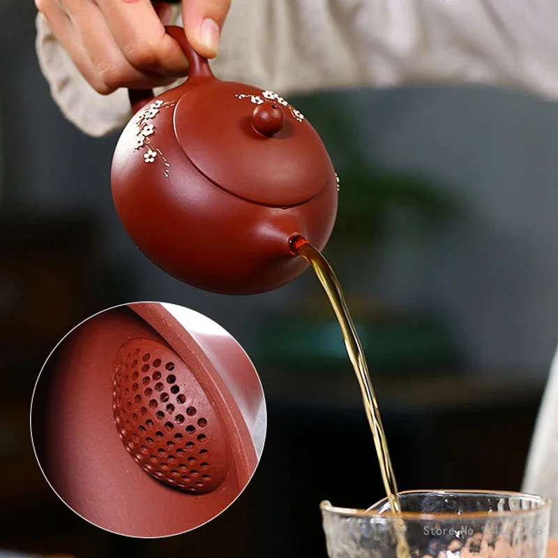 Chinese Style Plum Blossom Pattern Teapot, Purple Clay Raw ore Dahongpao, Kung Fu Household, Handmade, 250ml Xishi Pot, New, 1Pc