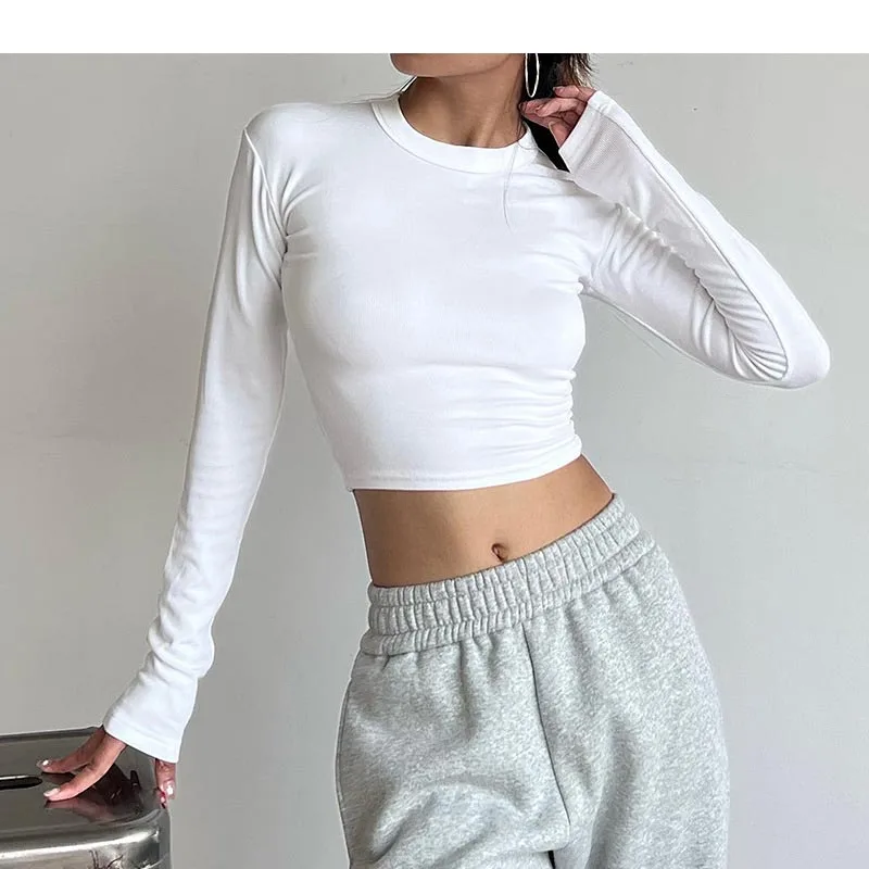

Fashion Woman Clothes Blouse t shirt Slim High Elastic Soft Round Neck Long Sleeve Crop Tops Sports Casual Long Sleeve T-Shirt