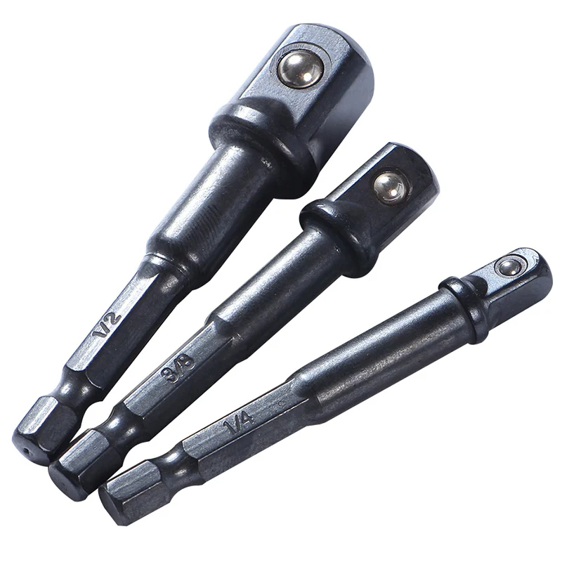 3pc Impact Socket Adapter 1/4 3/8 1/2 Inch Nut Driver Sockets Hex Shank Extension For