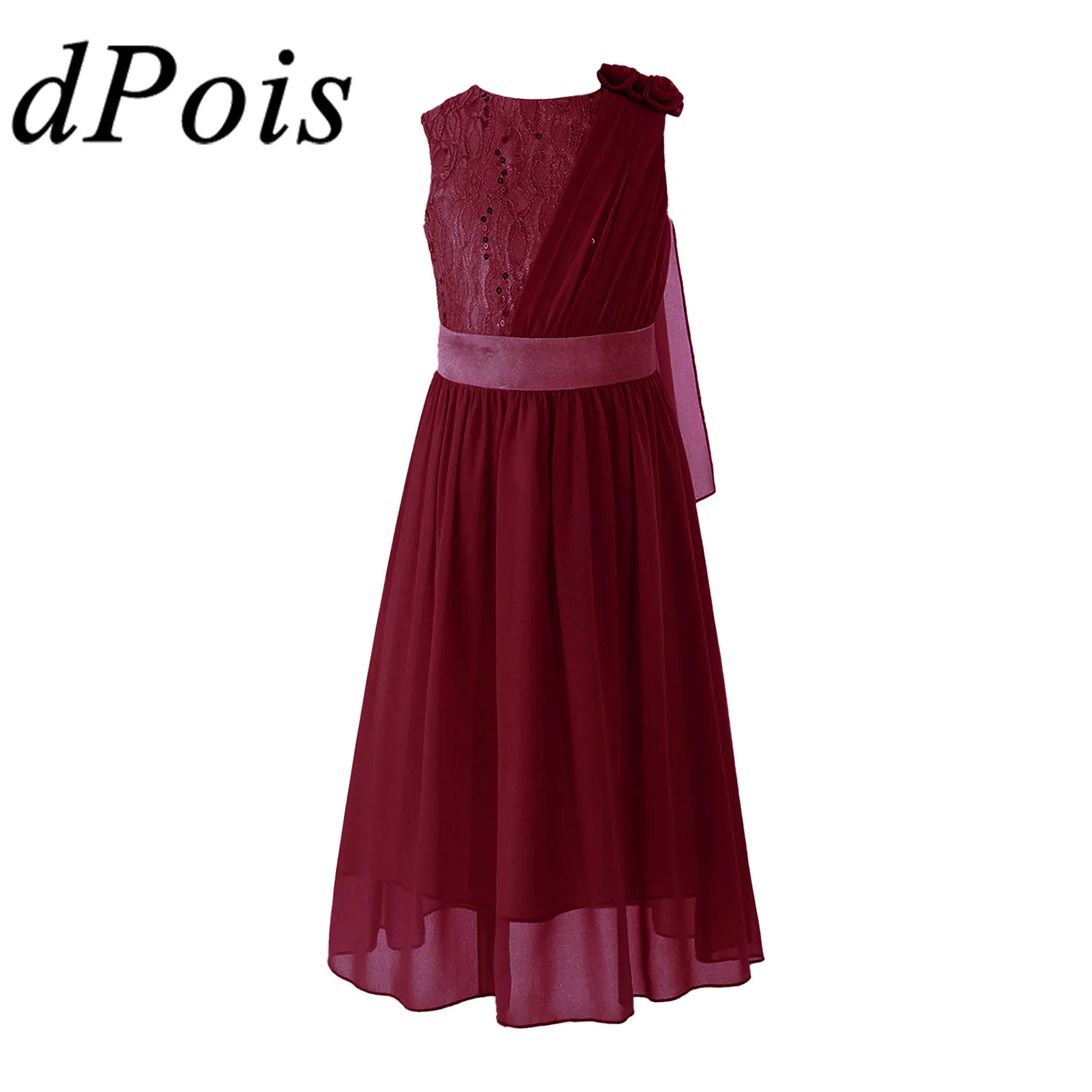

Kids 3D Flower Sleeveless Shiny Sequin Lace Chiffon Dress for Dancestors Ballroom Contemporary Danncewear Wedding Party Dress