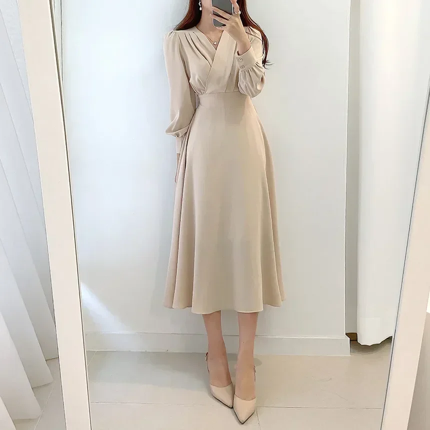 ロングワンピース パーティー V プリーツ ハイウエスト 韓国 org.jpg