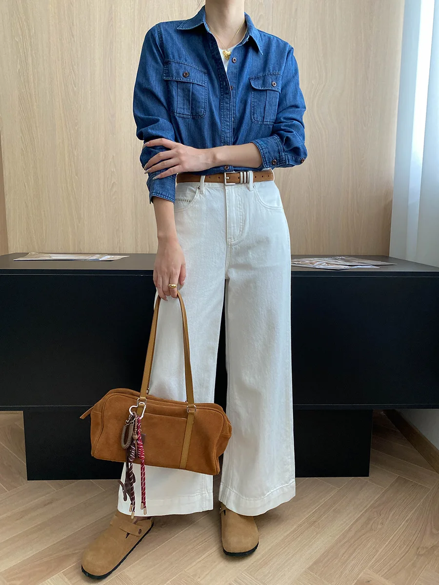 Herbst und Winter Damen lässig einfarbig Revers langärmelige Taschendekoration lose Jeanshemd – Detail 9