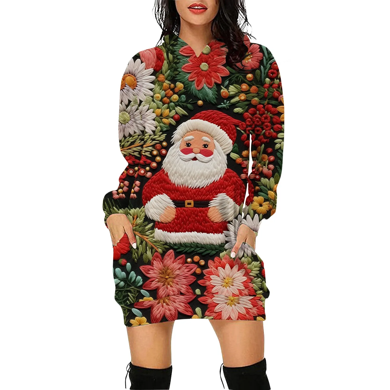 

Christmas Women'S Hoodie Dress Cartoon 3d Printing With Pocket Hooded Sweatshirts Dresses Straight Slim Fit Festival Clothes