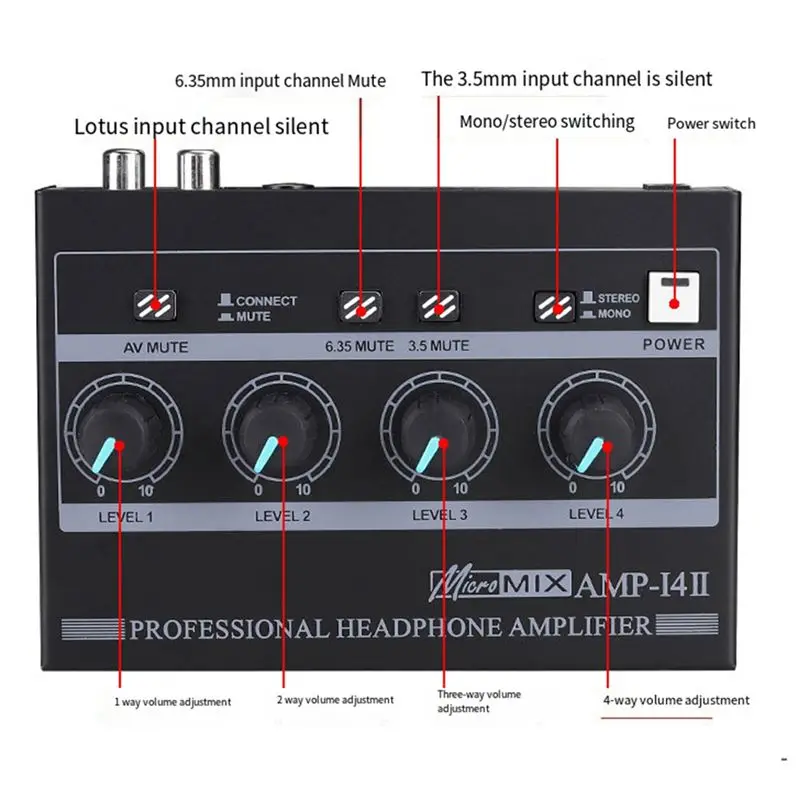 AMP?I4Ⅱ 프로페셔널 4채널 헤드폰 앰프 오디오 컴팩트 스테레오 앰프+6.35Mm 3.5Mm 입력 볼륨 조절
