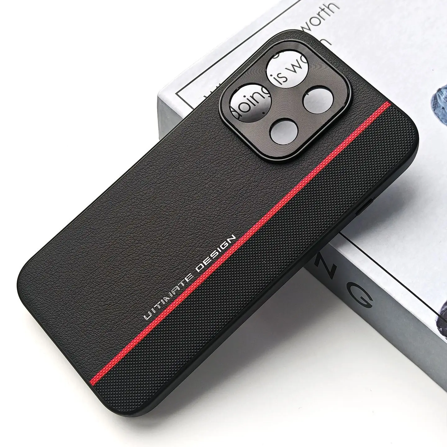 Stylish Red Line Textured PU Leather Phone Case with Metal Camera Protection and Shockproof Design