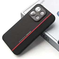 Stylish Red Line Textured PU Leather Phone Case with Metal Camera Protection and Shockproof Design for OPPO Reno 16 (Black)