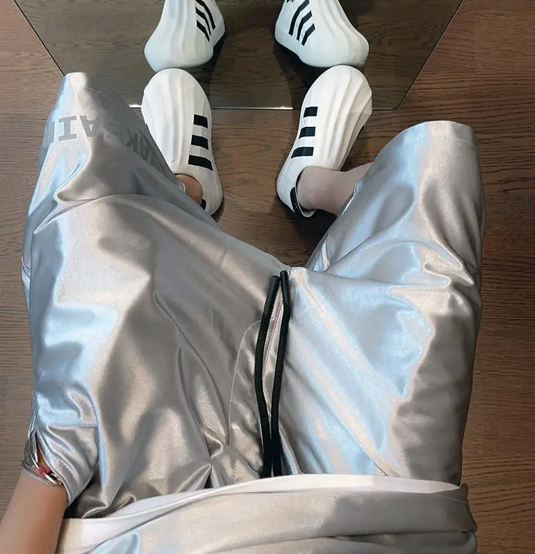 Men Shiny Silver Casual Shorts with Pockets Oversize Elastic Waist American Trendy Sports Pants Glossy Party High Street Bottoms