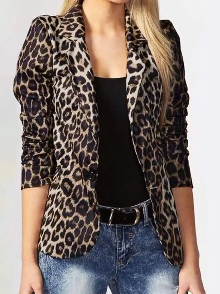 Leopard Print Polyester Blazer for Women Office Wear