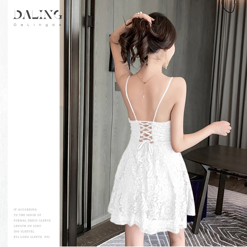 Red Lace Sexy Dress Women V-neck Backless Low-cut Spaghetti Strap Nightclub Mini Short Skirt Pure Color Casual Dresses 2021