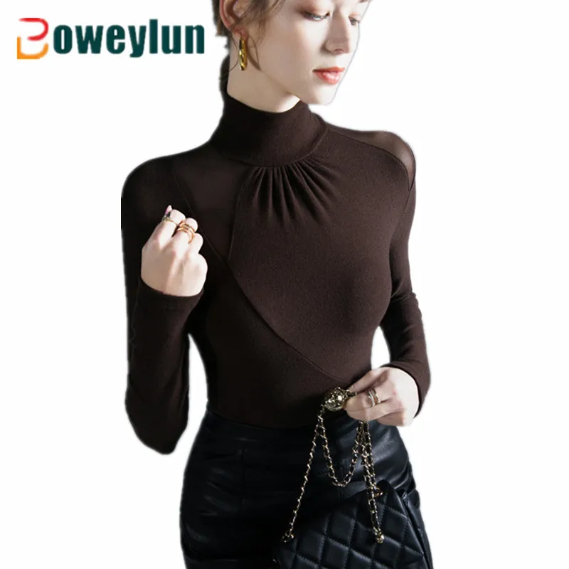 

Boweylun Mesh Splicing Long-Sleeved Blouse Pleated Slim High-Neck Inner Wear Autumn And Winter New Bottoming Shirt Women