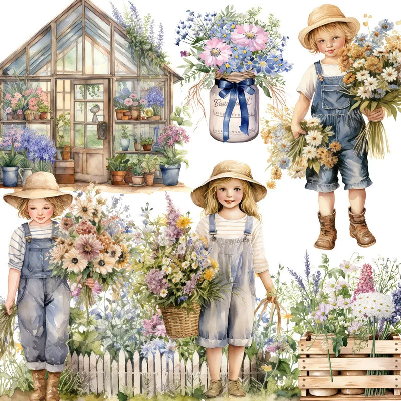 

Vintage Wild Flowers And Teen In Spring Scrapbooking Stickers Kids Stationery Toys Book Decorative Junk Journal Handbook Decals