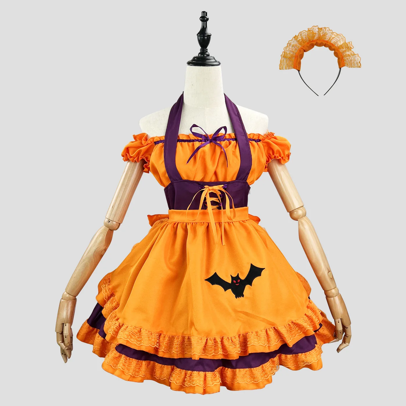 

Kawaii Lolita Anime Girls Halloween Cosplay Maid Uniform Set Slash Neck Off Shoulder Flounce Sleeve Pumpkin Dress Role Play Gift