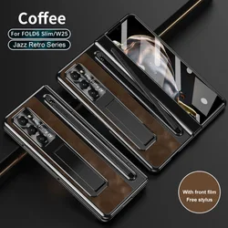 Luxurious Leather Bracket Case with Pen Slot & Stylus Holder - Enhanced Glass Screen & Hinge Protection Cover - Galaxy Z Fold4 (Coffee)
