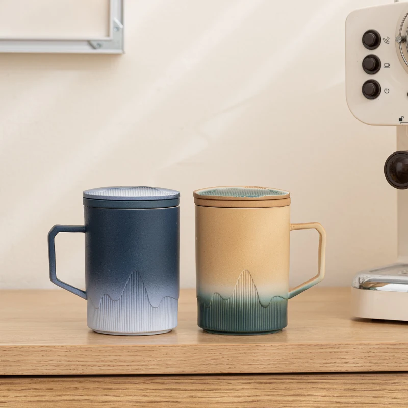 Creative Ceramic Gradient Color Tea Cup, with Cover, Chinese Style Office Supplies, Handle, Tea Water Filter Separation Mug, 1Pc
