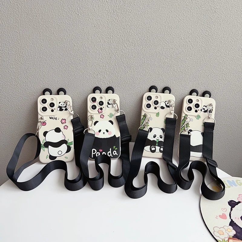 Universal Phone Case with Holder Rope and Ear Panda Design