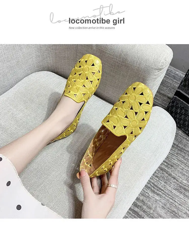 Top Quality Women's Hollow Ballet Flats Yellow Emboridery Designer Shoes for Women 2022 Summer Square Toe Soft Leather Moccasins tesco shoes women's flats	