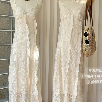 Retro Embroidery Lace Slim Women Suspender One-Piece Ruffle Decoration Zipper Female V-neck Ankle-Length Halter Dress 2023 New