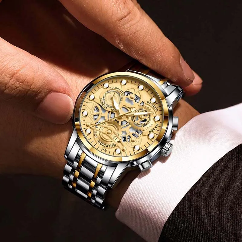 Cool Hollow Men Quartz Wristwatches Gold Luxury Waterproof