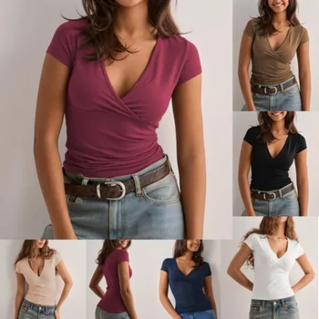 2025 Summer New Fashion Women's T-Shirt Solid-Color Slim-Fit V-Neck Short-Sleeve Top Y2k Clothing 1