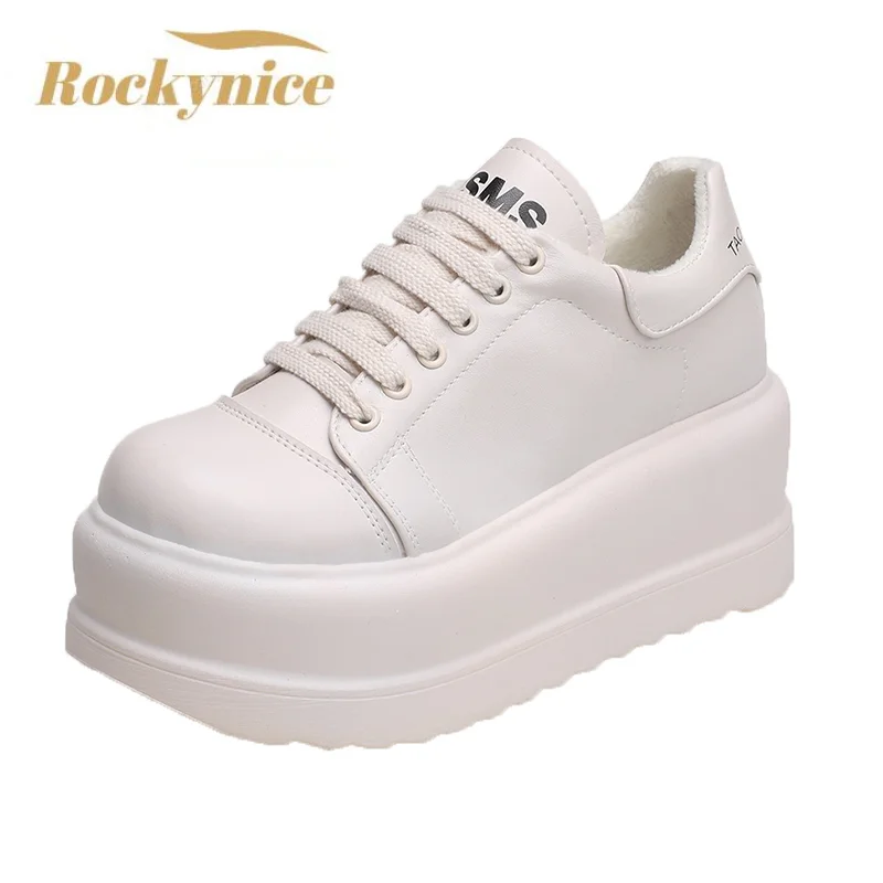 Women Winter Platform Leather Sneakers Warm Plush Cotton Shoes Tennis Lace-up 7.5CM Wedge Heels Chunky Dad Fur Shoes Woman Mujer