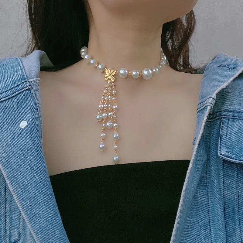 Metal Flower Imitation Pearl Tassel Women's Necklace Sweet Romantic Fashion Wedding Banquet Necklace For Women Fashion Jewelry