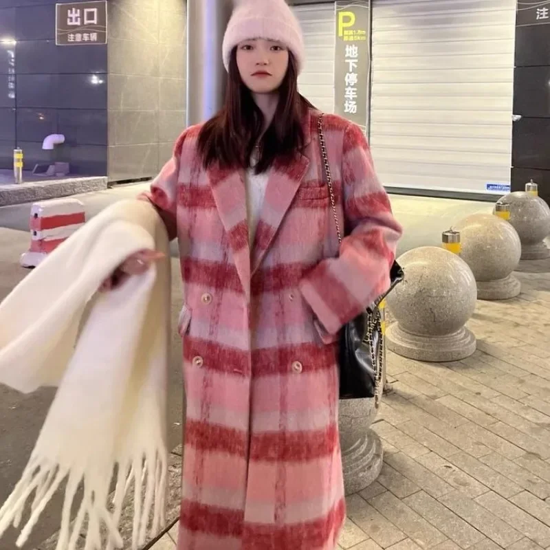 Women Temperament Fashion Woolen Coat Winter New Female Korean Style Loose Thicken Long Plaid Outcoat High-Grade Casual Outwear