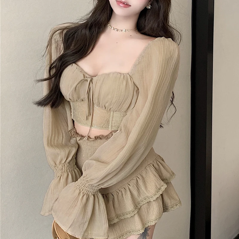 y2k Blouse Elegant Women Solid Color V Neck Lace Patchwork Long Sleeve Shirt Tops 2000s Fairycore Clothing Streetwear