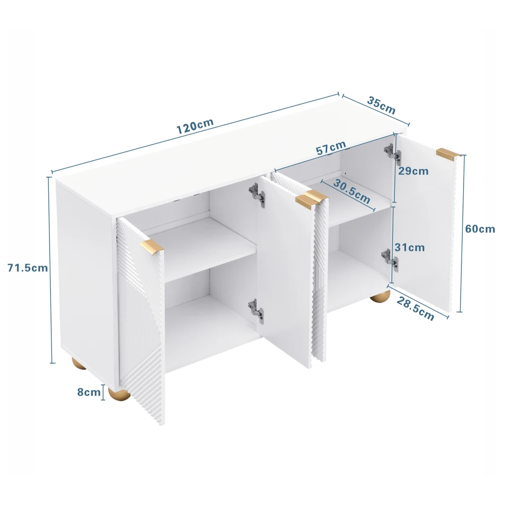 Elegantes Sideboard mit vier Türen | Verstellbare Innenböden, Metallgriffe und klassische kugelförmige Beine, Aufbewahrungsschrank – Detail 22