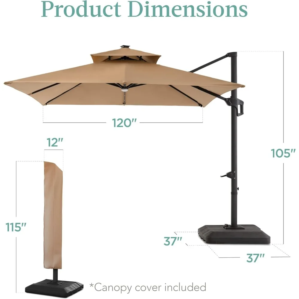 10x10ft 2-Tier Square Cantilever Patio Umbrella with Solar LED Lights, Offset Hanging for Backyard w/Included Fillable Base 5