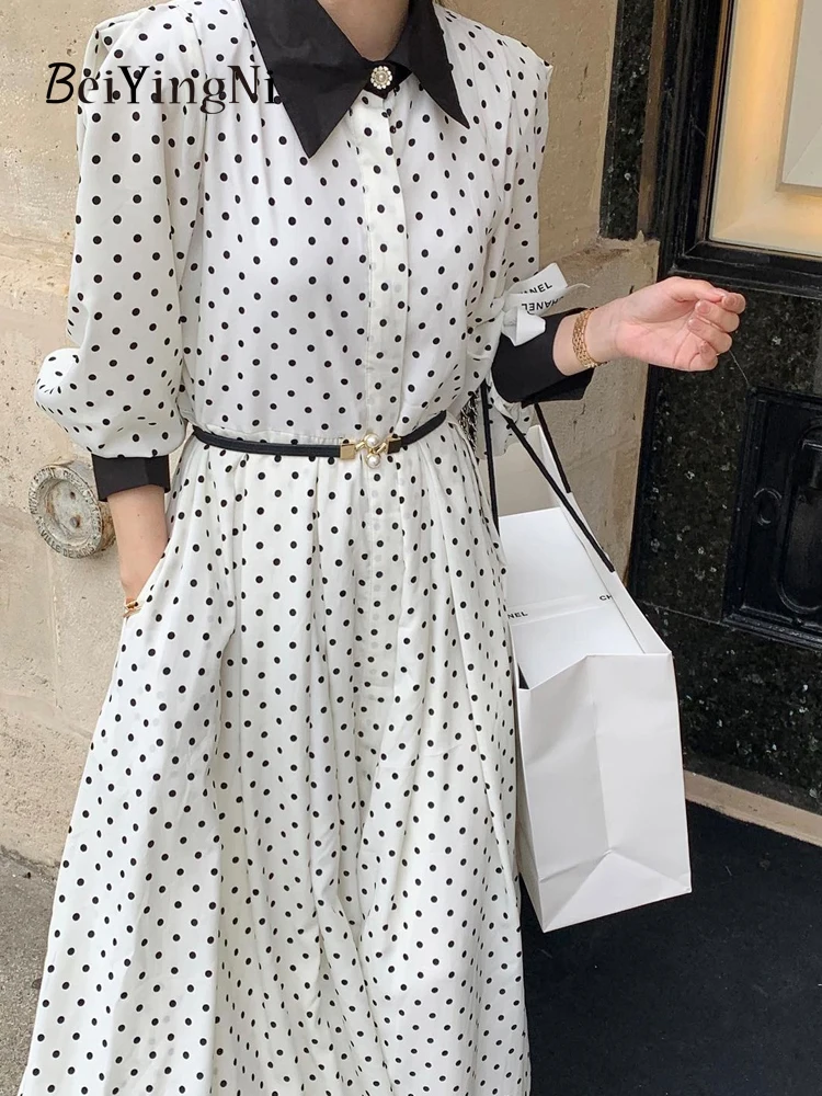 

Beiyingni Women French Elegant Dresses With Belt Casual Vintage Dot Print Long Sleeve Dress Ladies Korean White Chic Vestidos