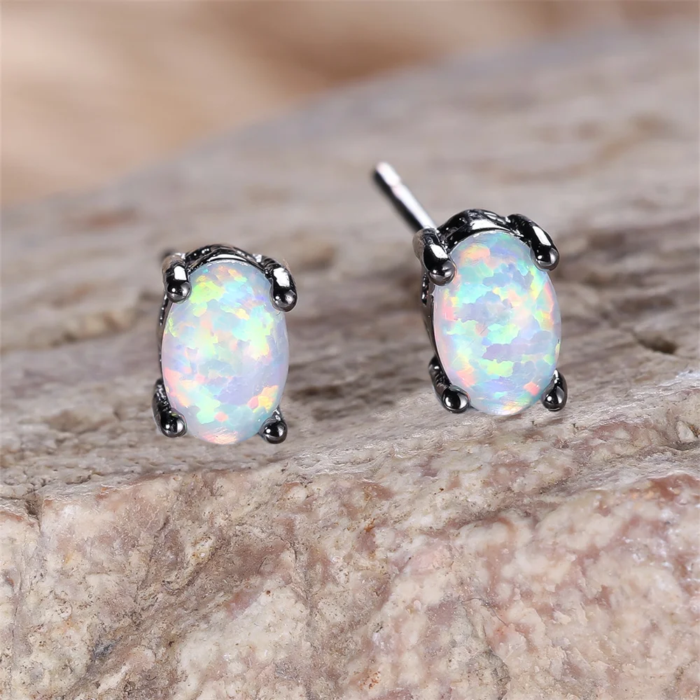 White Blue Fire Opal Small Oval Stone Stud Earrings For Women Vintage Black Metal Wedding Jewelry Minimalist Engagement Gifts