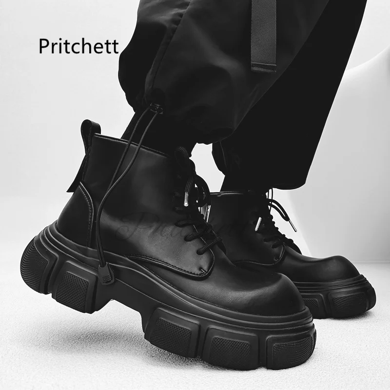 남성용 큰 머리 두꺼운 밑창 오토바이 부츠, 검은 작업화, 라운드 토 레이스업 가죽 앵클 부츠, 용수철 가을 남성 신발