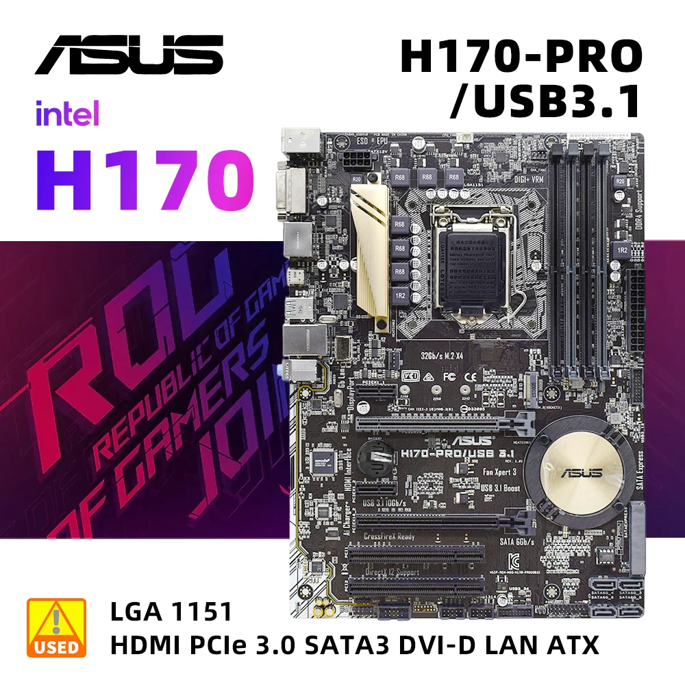 

LGA 1151 Motherboard kit ASUS H170-PRO/USB3.1 with Core I3 6100 cpu Intel H170 Motherboard 4×DDR4 64GB VGA HDMI PCI-E 3.0 ATX